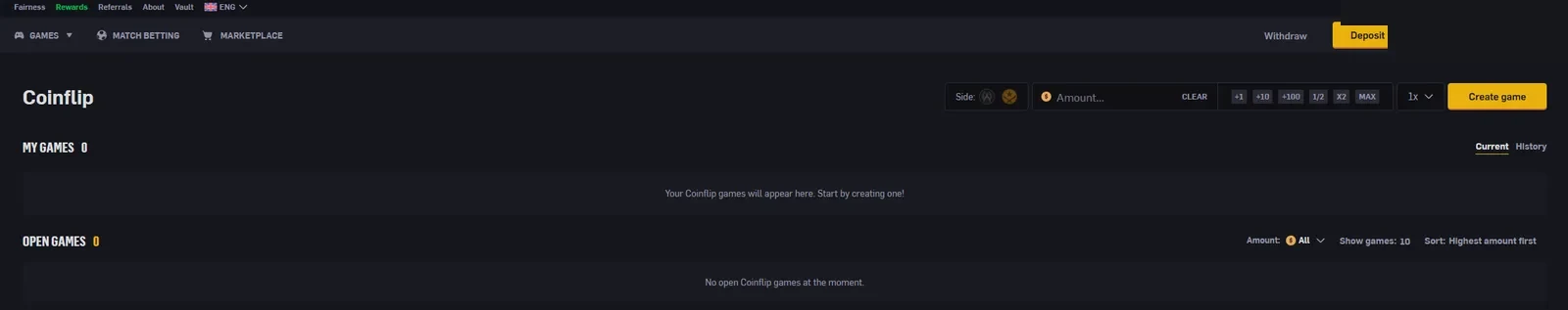 CSGOEmpire coinflip page with an empty lobby, showing the side selector, amount steppers, a 1x dropdown and a Create game button