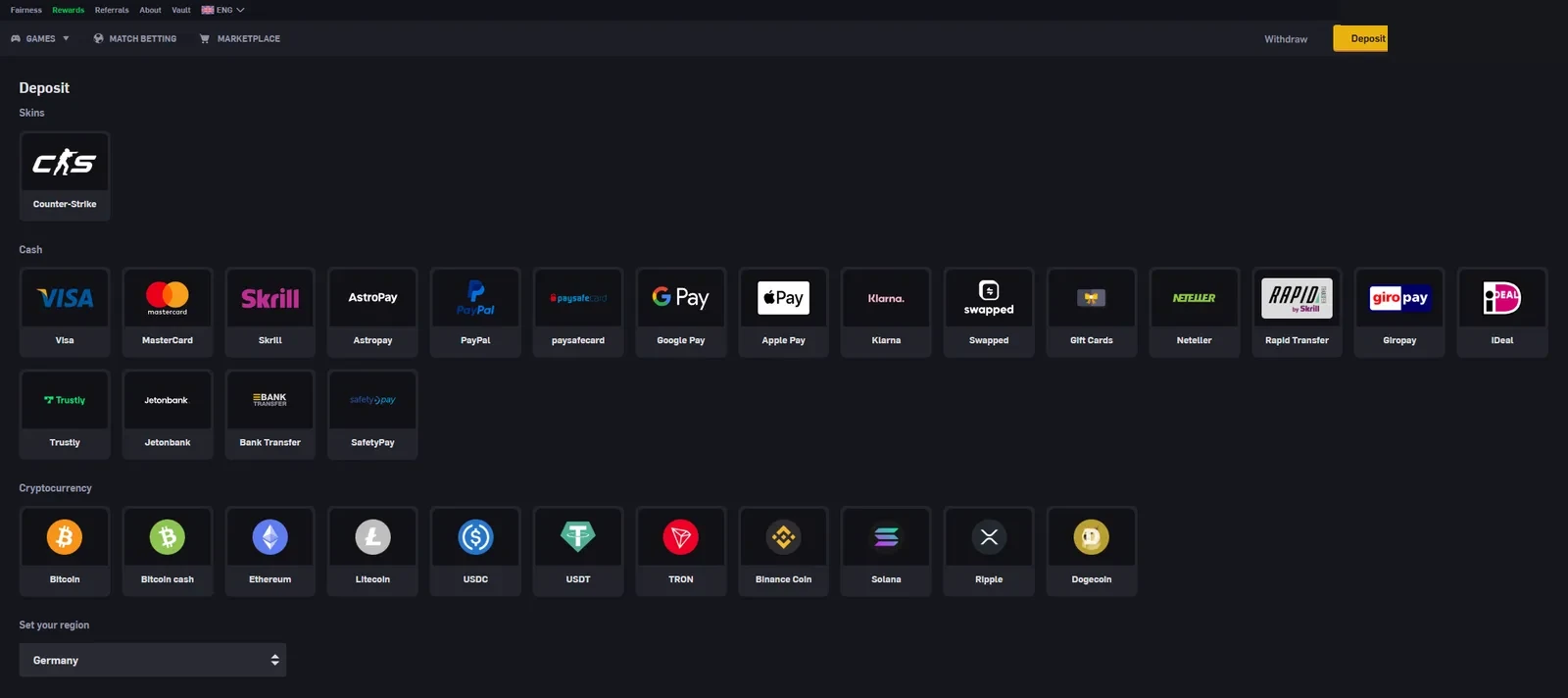 CSGOEmpire deposit page with a Counter-Strike skins tile, a cash grid of nineteen payment methods and eleven cryptocurrencies, plus a region dropdown set to Germany