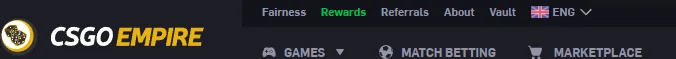 CSGOEmpire top navigation with Fairness, Rewards, Referrals, About and Vault above Games, Match Betting and Marketplace