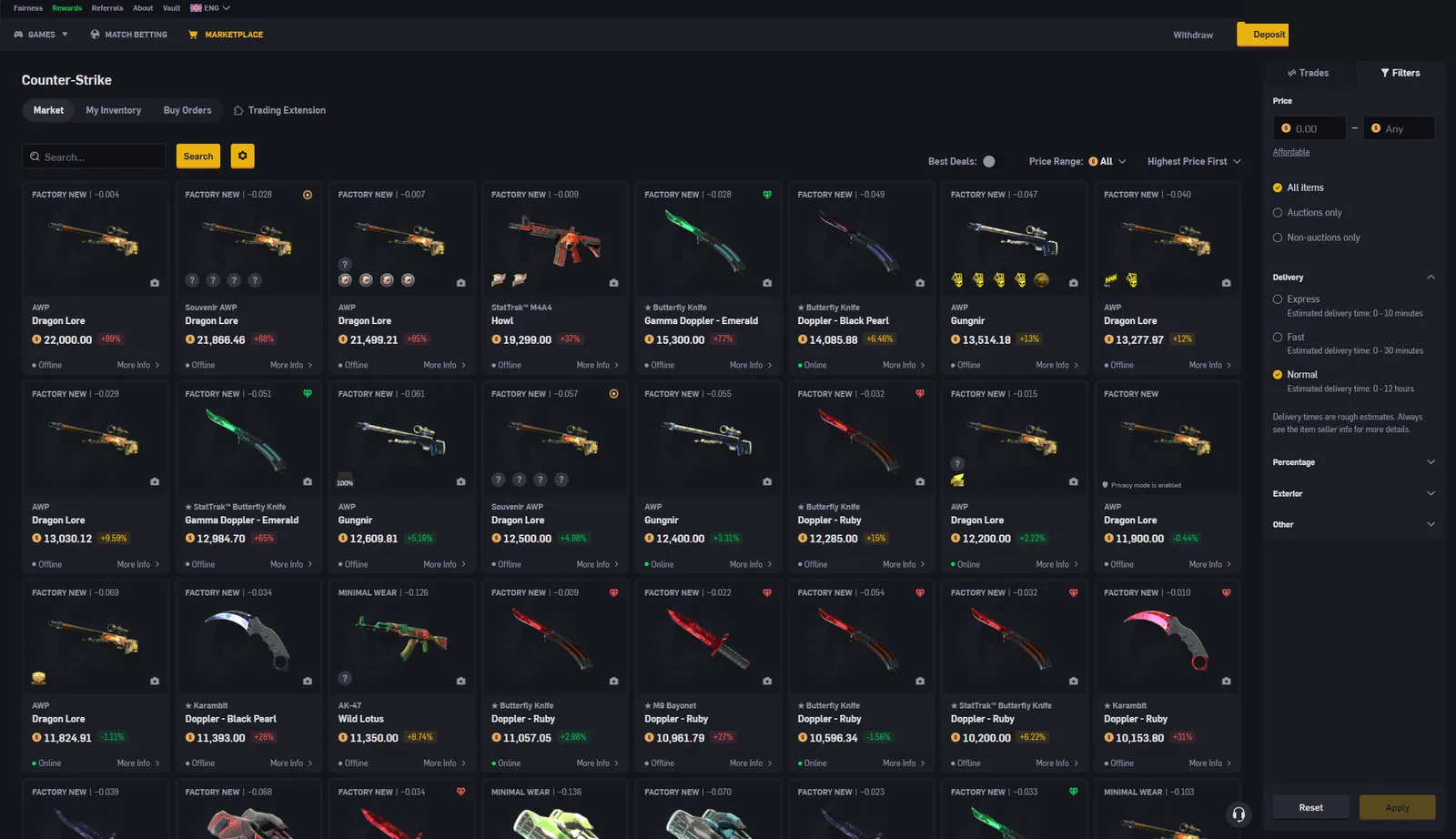 CSGOEmpire marketplace listings showing float values, percentage badges and seller status dots
