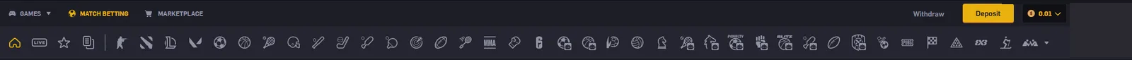 CSGOEmpire match betting navigation bar with the coin balance showing 0.01 and a rail of sport icons