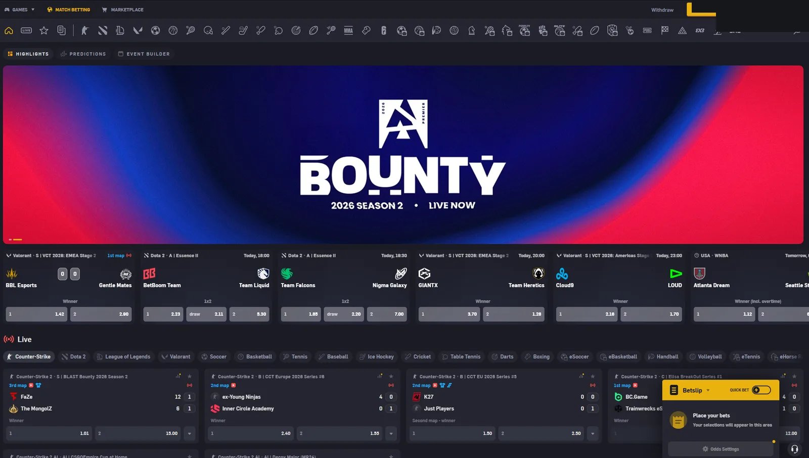 CSGOEmpire match-betting board with live CS2 fixtures, odds and a docked betslip