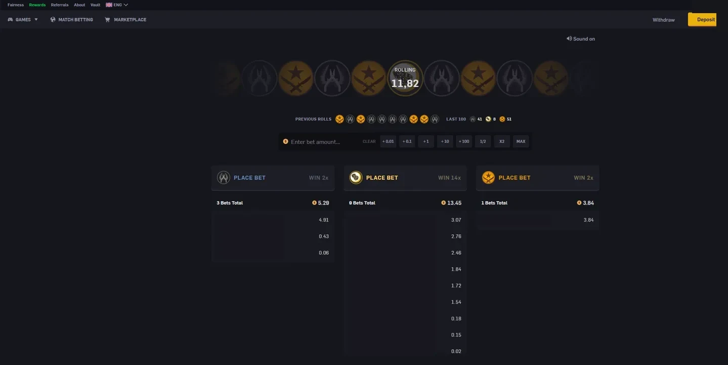 CSGOEmpire roulette wheel mid-roll with three betting panels paying 2x, 14x and 2x, a previous-rolls strip and a last-100 counter reading 41, 8 and 51
