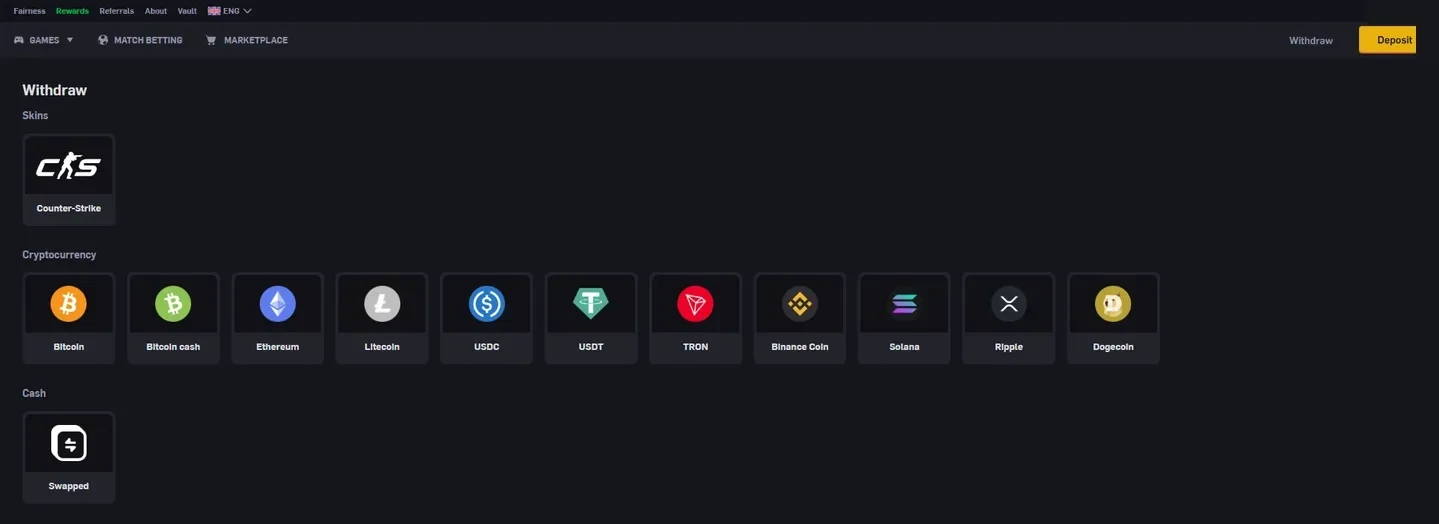 CSGOEmpire withdraw page showing one skin tile, eleven coins and a single cash method