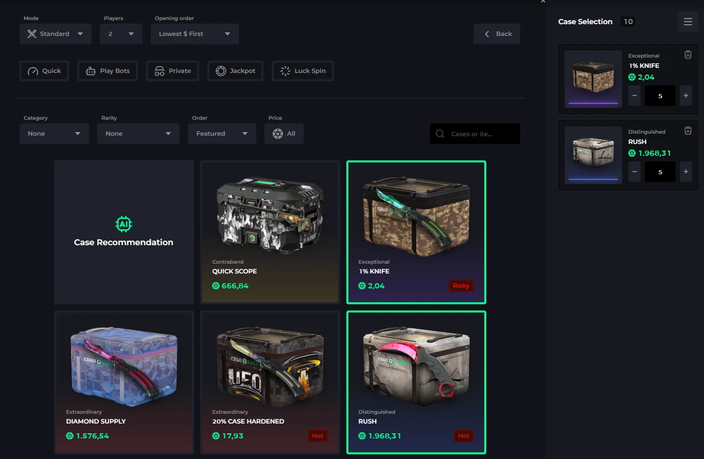 CSGOLuck battle builder with Mode, Players and Opening order dropdowns, Quick, Play Bots, Private, Jackpot and Luck Spin toggles, a case grid with an AI Case Recommendation tile, and a Case Selection panel showing quantity steppers