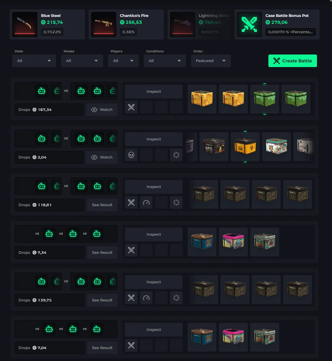 CSGOLuck case battle lobby with State, Modes, Players, Conditions and Order filters, a Create Battle button, and rows showing player slots, Drops totals, Inspect buttons and the cases in play