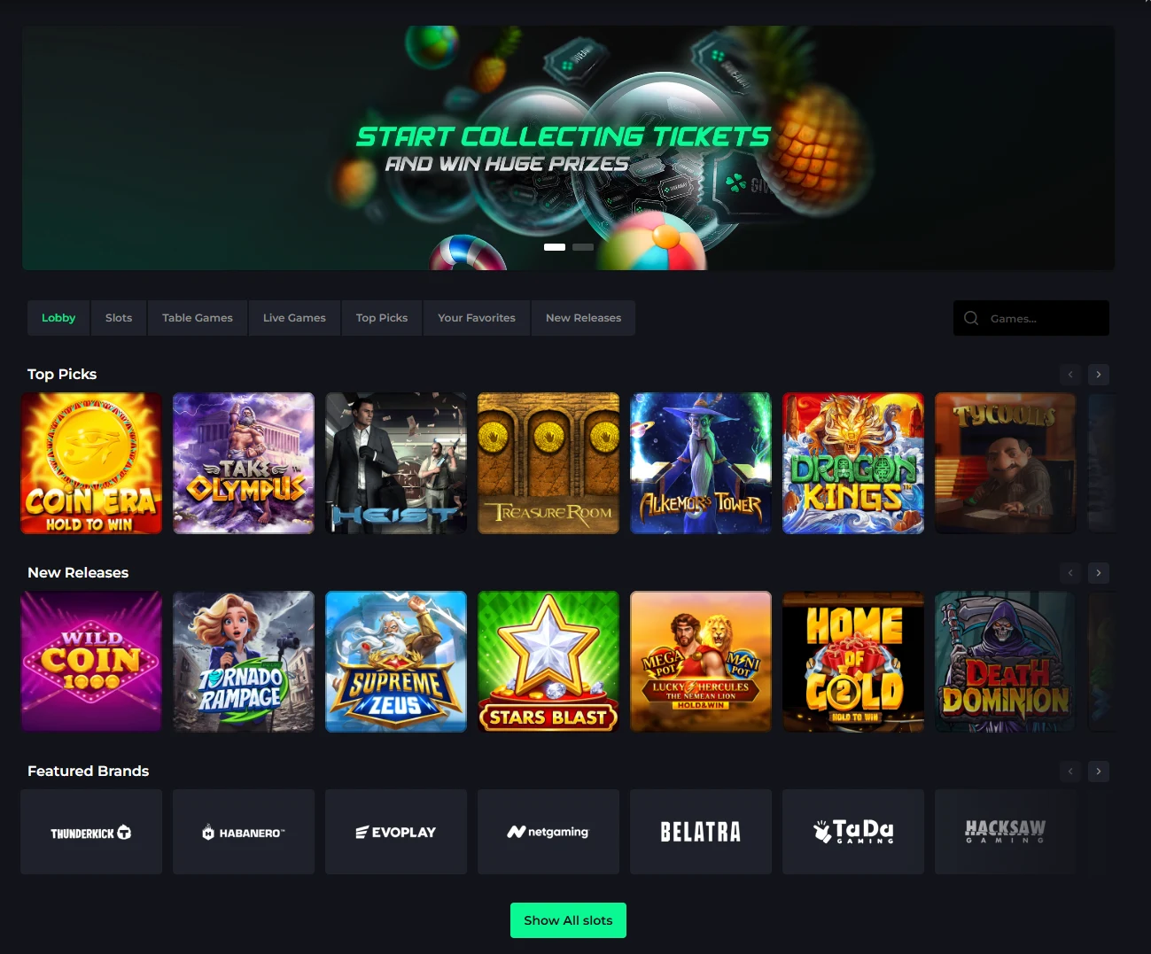 CSGOLuck slot lobby with Lobby, Slots, Table Games, Live Games, Top Picks, Your Favorites and New Releases tabs, Top Picks and New Releases shelves, and a Featured Brands row naming Thunderkick, Habanero, Evoplay, netgaming, Belatra, TaDa Gaming and Hacksaw Gaming