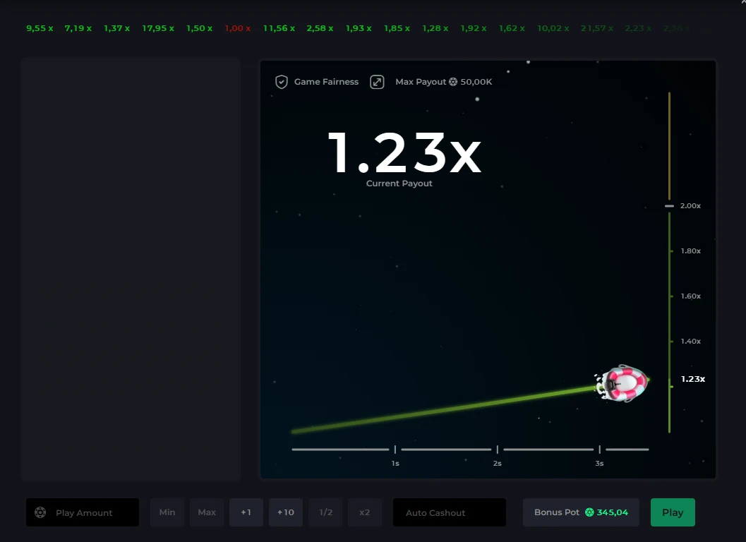 CSGOLuck Crash round in progress at 1.23x with a multiplier history strip along the top including a red 1.00x, a vertical payout scale, an Auto Cashout field and a Bonus Pot of 345,04