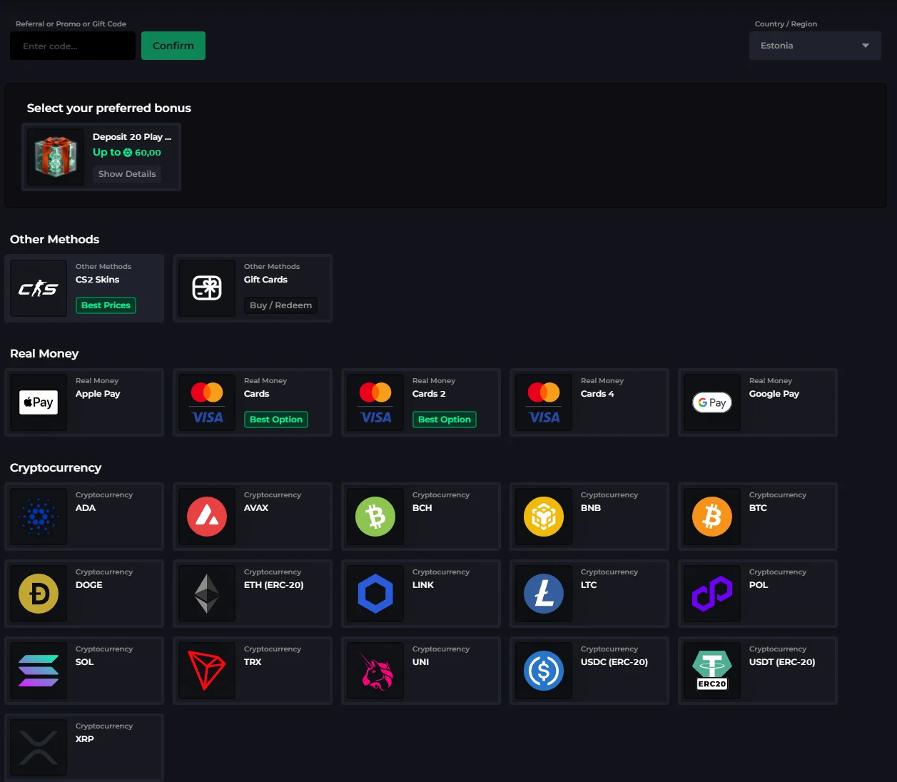 CSGOLuck deposit panel with a Country / Region dropdown set to Estonia, a Deposit 20 Play With 60 Coins bonus selector, and method groups covering CS2 Skins, Gift Cards, Apple Pay, Google Pay, three card tiles and sixteen cryptocurrencies