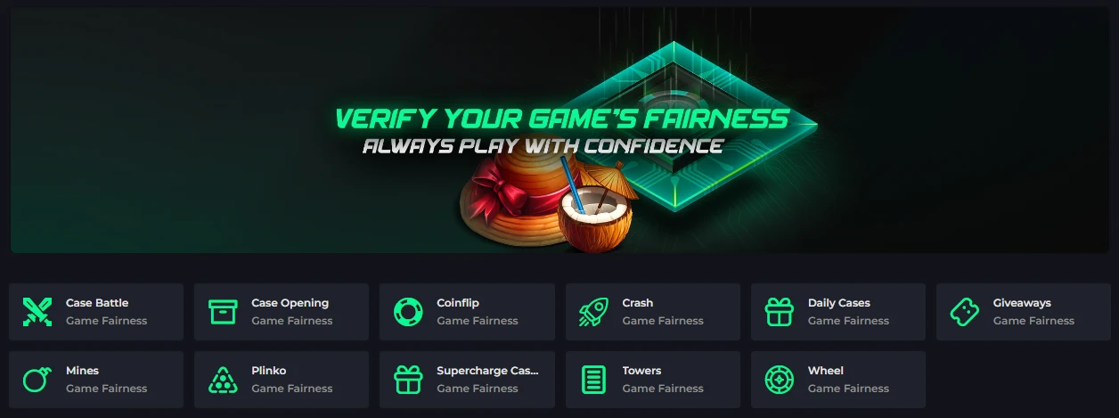 CSGOLuck fairness board showing eleven separate game verification cards