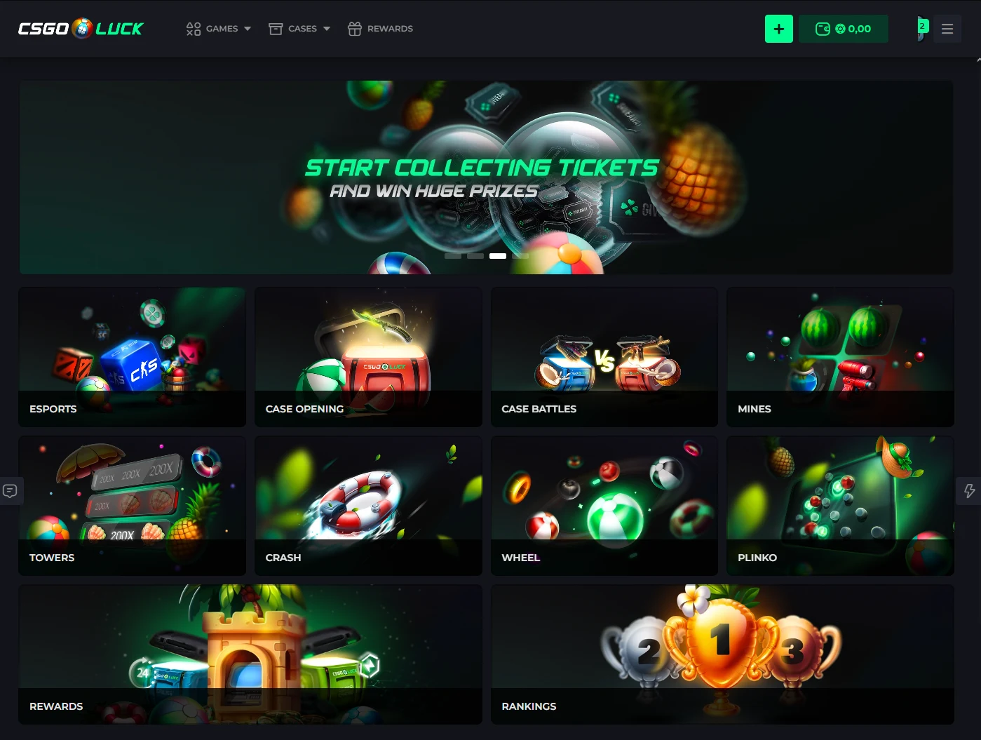 CSGOLuck home page showing a ten-tile grid — Esports, Case Opening, Case Battles, Mines, Towers, Crash, Wheel, Plinko, Rewards and Rankings — under a rotating promotional banner