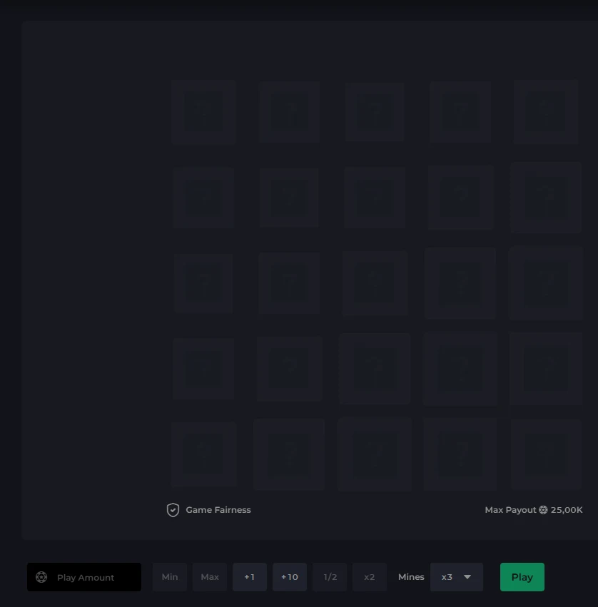 CSGOLuck Mines board showing a dimmed five-by-five grid of twenty-five tiles, a Game Fairness link, a Max Payout of 25.00K and a mine-count dropdown set to x3