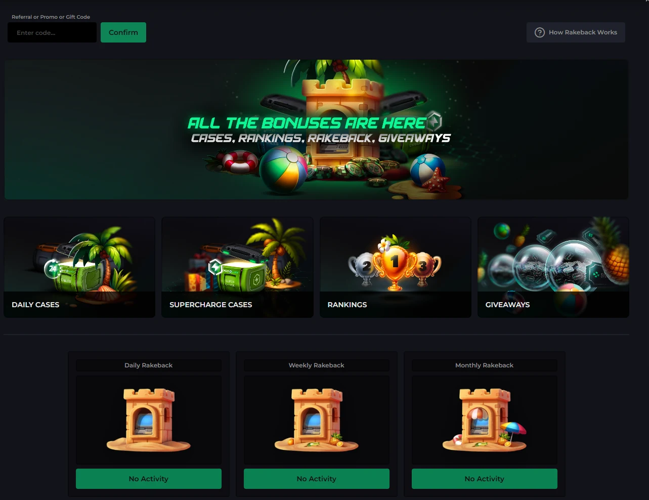 CSGOLuck Rewards page with Daily Cases, Supercharge Cases, Rankings and Giveaways tiles above Daily, Weekly and Monthly Rakeback panels all reading No Activity, plus a How Rakeback Works button