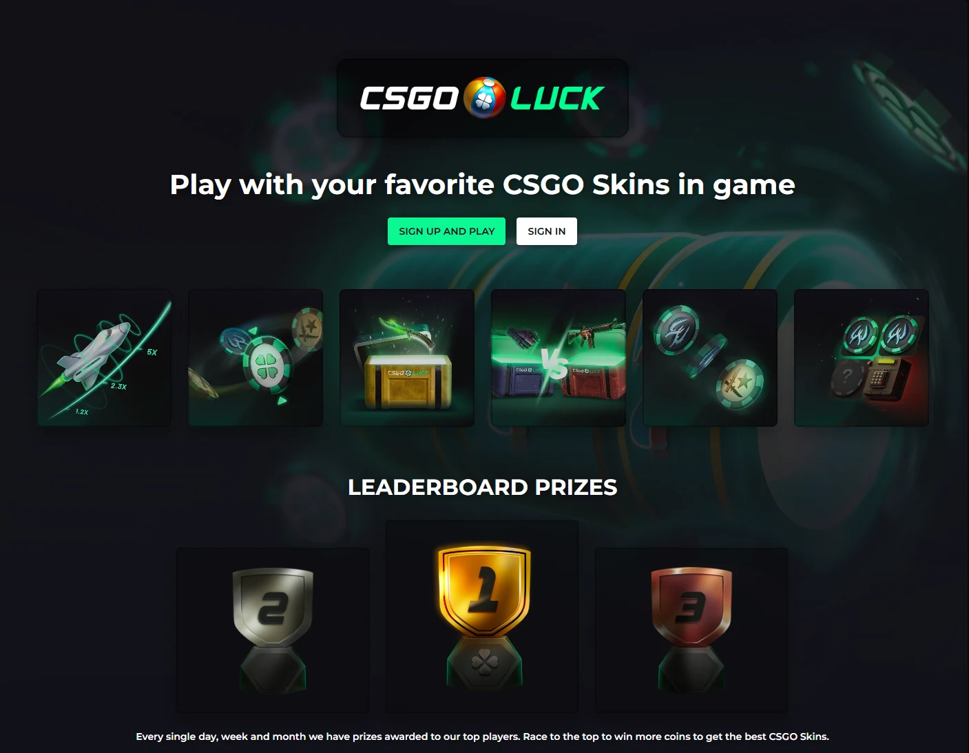 CSGOLuck logged-out landing page with Sign up and play and Sign in buttons, a row of six game icons, and a Leaderboard Prizes podium below