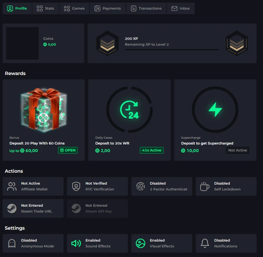 CSGOLuck profile page showing Profile, Stats, Games, Payments, Transactions and Inbox tabs, an XP bar reading 200 XP to Level 2, three reward cards naming deposit and wagering conditions, and an Actions block with KYC, 2FA, Self Lockdown and Steam Trade URL all switched off