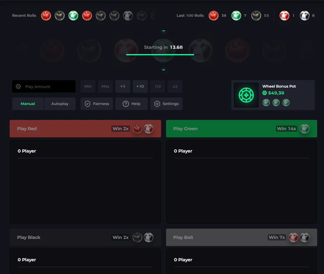 CSGOLuck Wheel with a Starting in 13.68 countdown, a Last 100 Rolls tally of 38 red, 7 green and 55 black, and four betting panels paying 2x, 14x, 2x and 7x