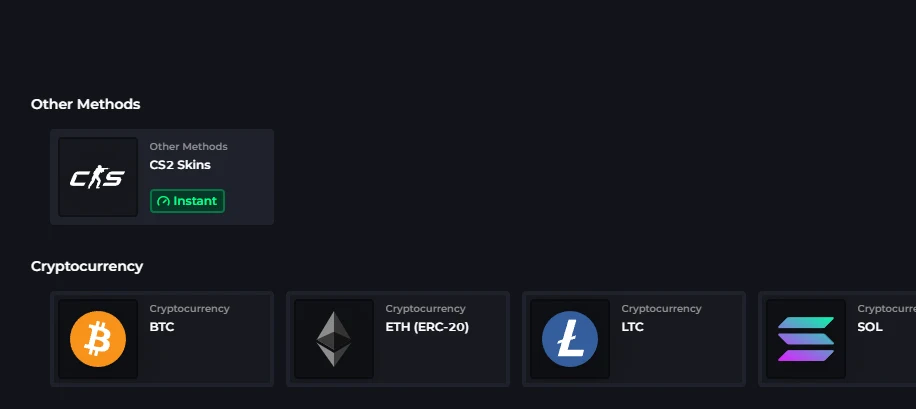 CSGOLuck withdraw panel offering a CS2 skins tile and four crypto options