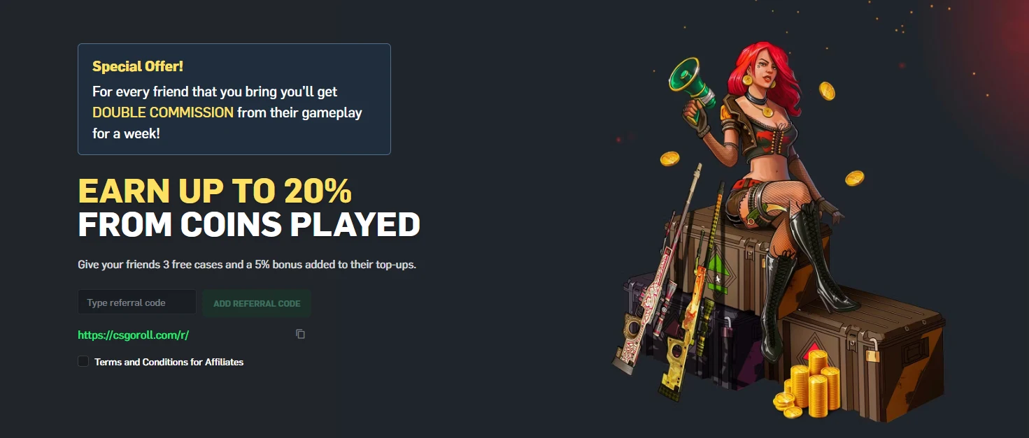 CSGORoll affiliate page advertising up to 20% from coins played, a double commission week and a referral code field