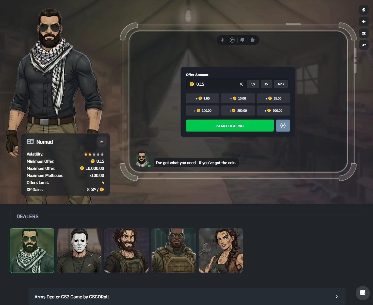 CSGORoll Arms Dealer screen with the dealer Nomad, an offer amount panel and a stats card listing volatility and limits