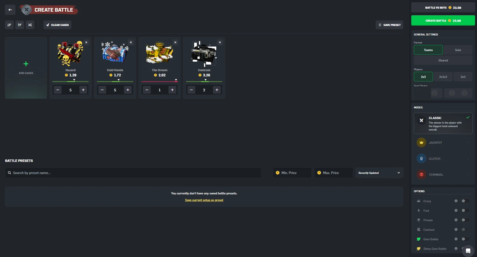CSGORoll create battle screen with four selected cases, a format and mode panel, and option toggles