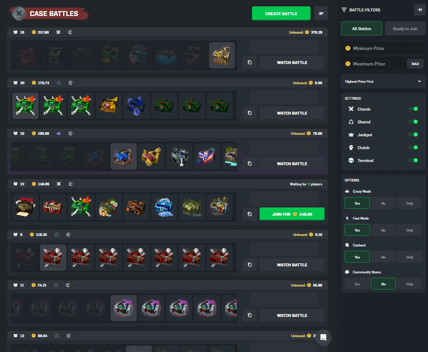 CSGORoll case battle lobby listing seven battles with prices, case rows and unboxed totals, beside a filter panel