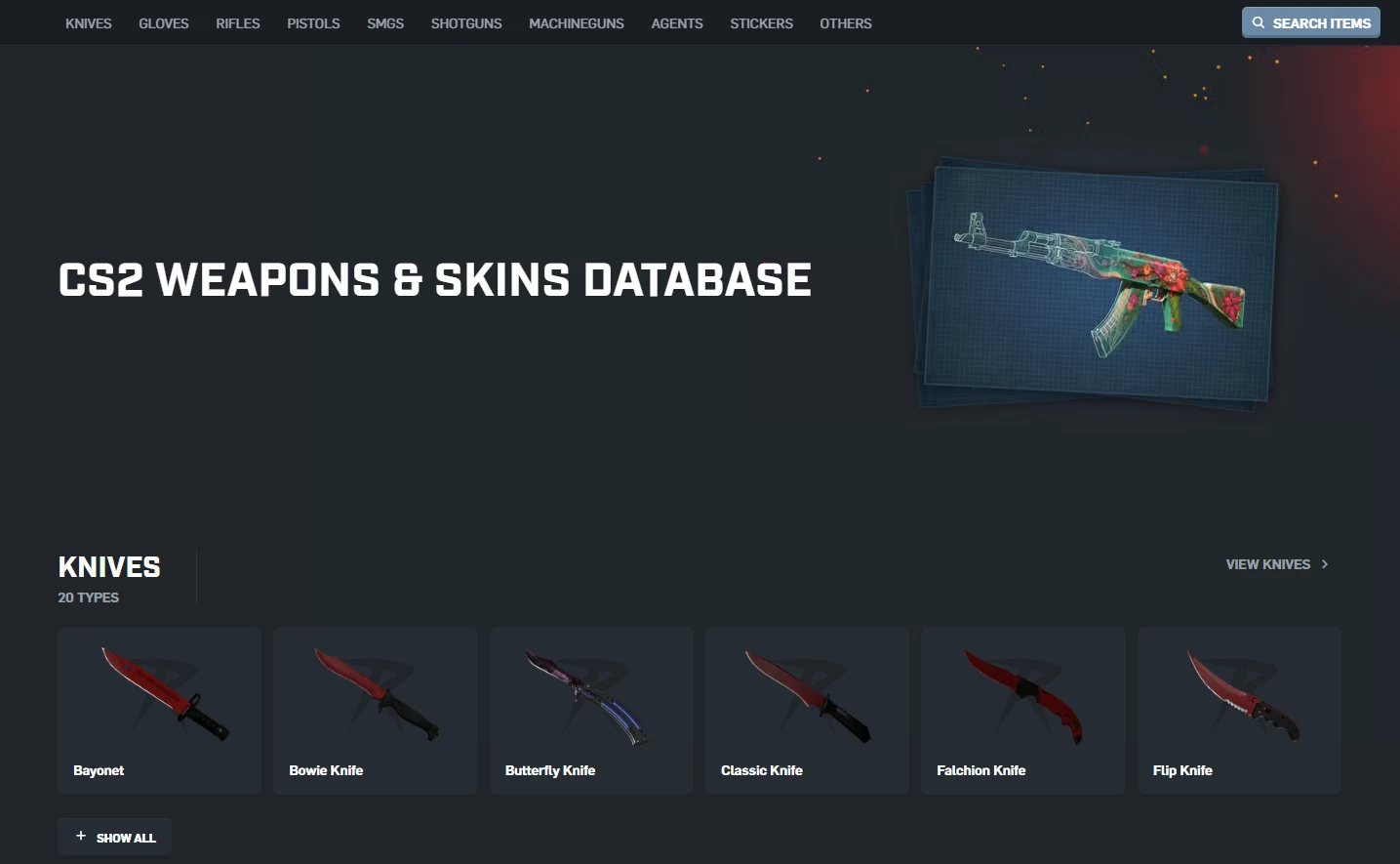 CSGORoll CS2 weapons and skins database with category navigation and a knives grid