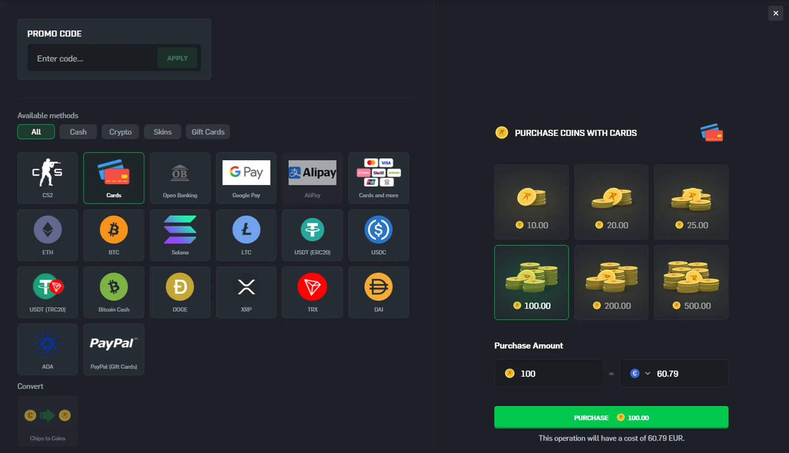 CSGORoll deposit panel with method tiles for skins, cards, open banking and thirteen cryptocurrencies beside a coin purchase pane