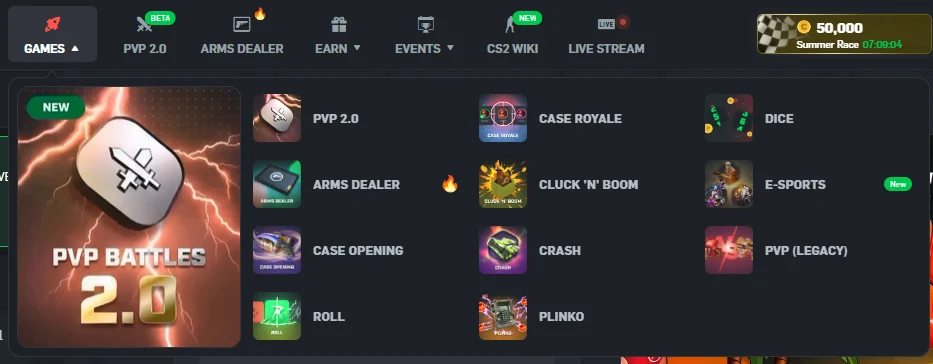 CSGORoll games dropdown menu listing eleven game modes with a PVP Battles 2.0 promo panel
