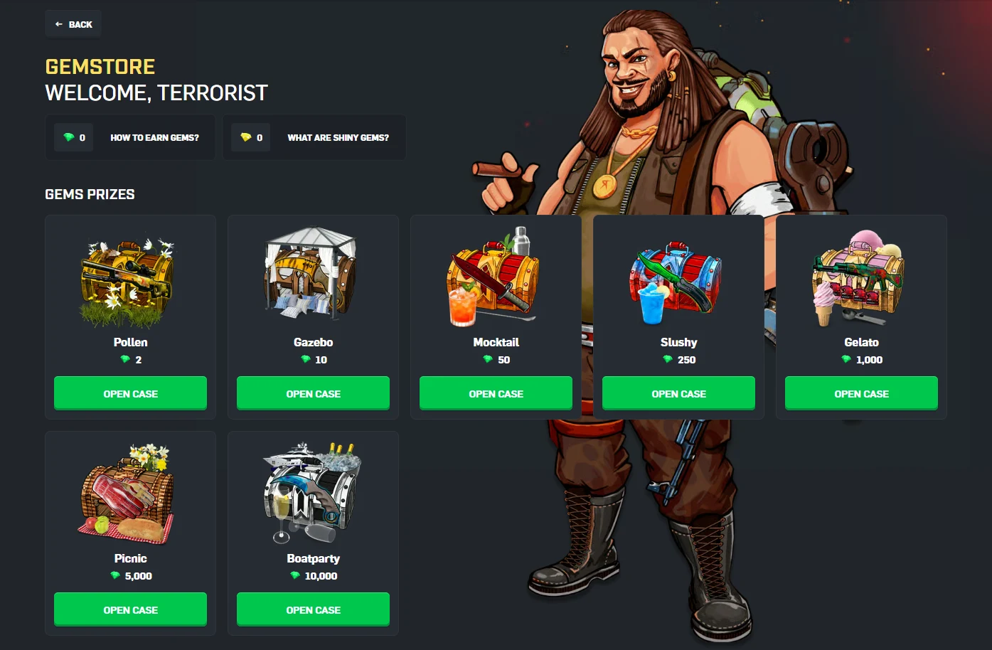 CSGORoll Gemstore with seven cases priced in gems from 2 up to 10,000