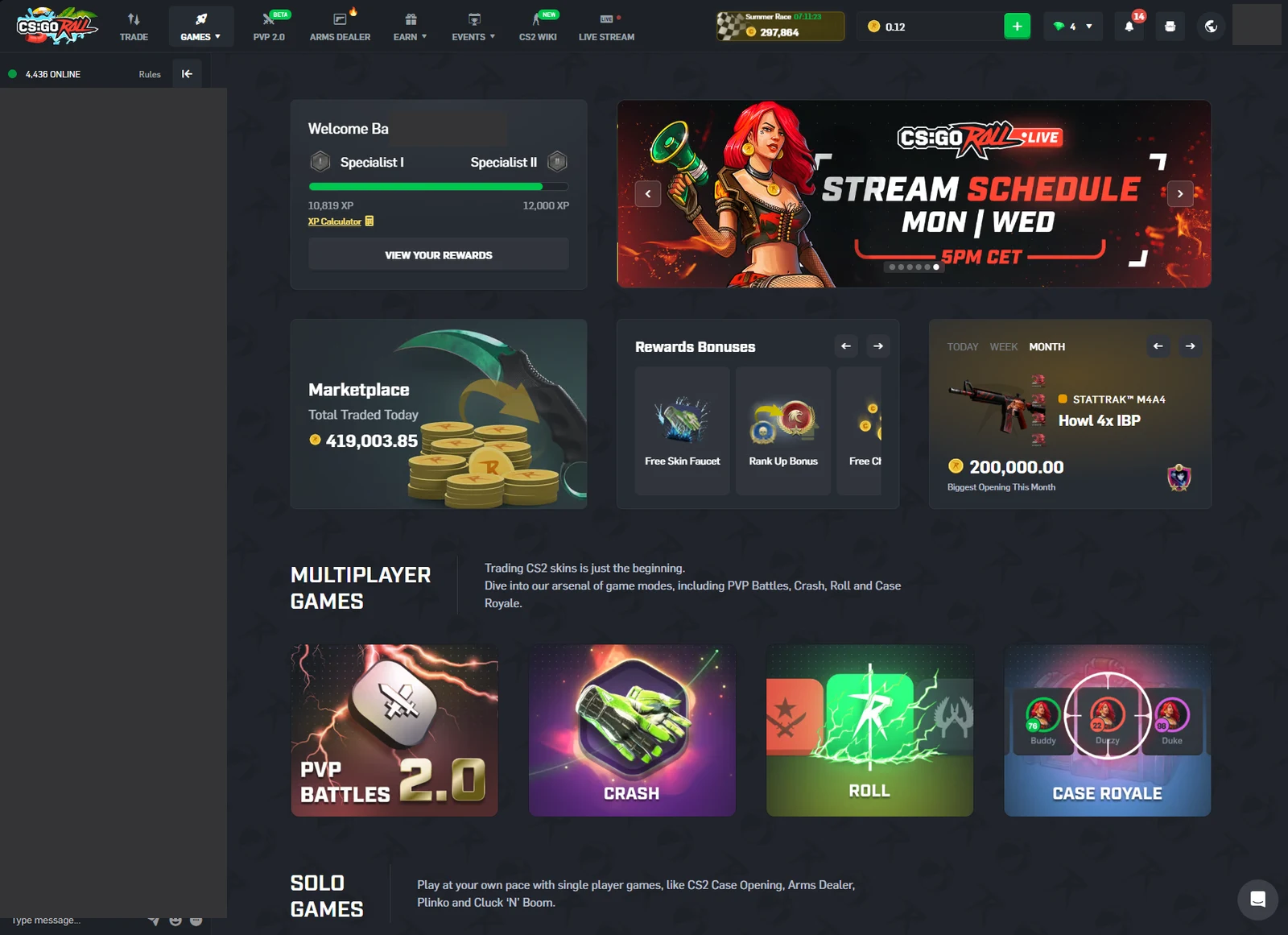 Signed-in CSGORoll homepage with a rank progress card, a Rewards Bonuses carousel, a marketplace tile and four multiplayer game cards