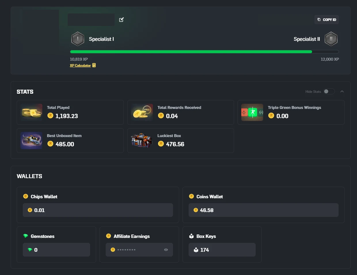 CSGORoll profile page showing rank progress, five stat tiles and five separate wallet balances