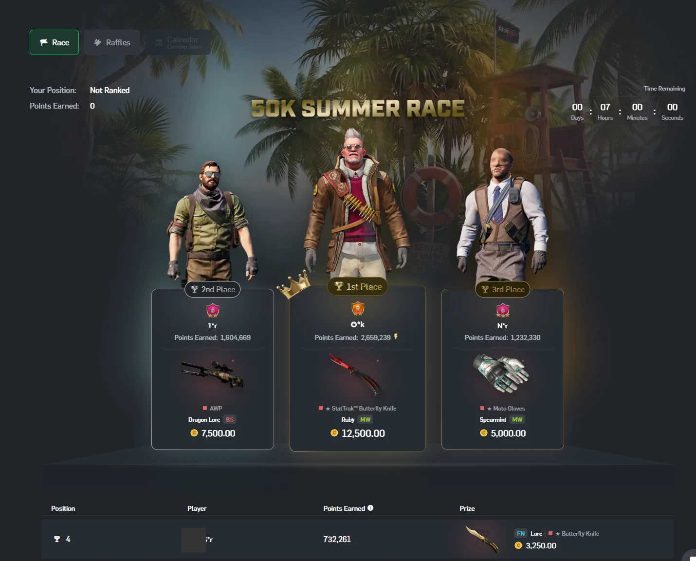 CSGORoll 50K Summer Race leaderboard with a three-place podium showing knife, AWP and glove prizes with coin values