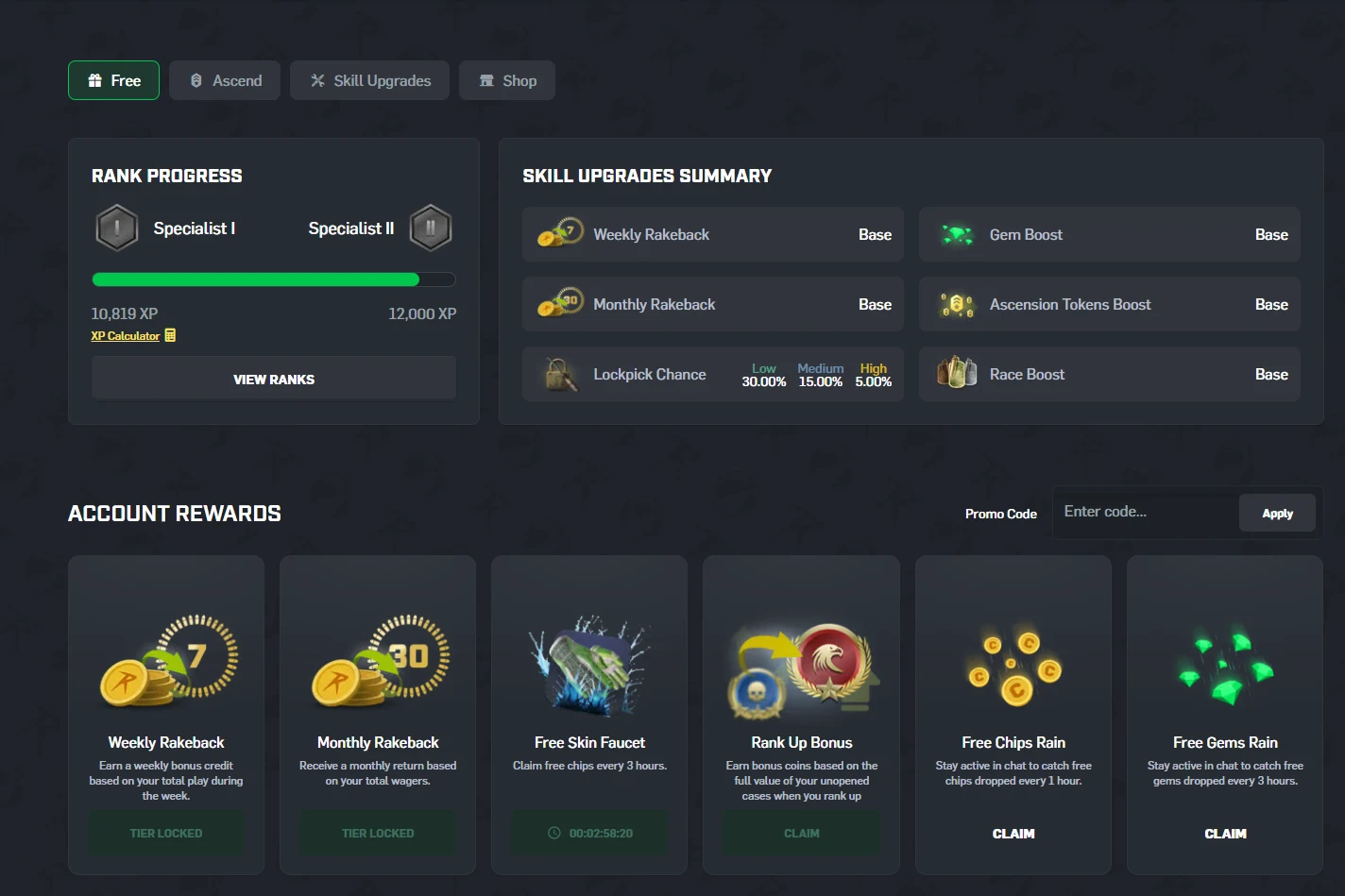 CSGORoll rewards page Free tab with a rank progress panel, a skill upgrades summary and six account reward cards
