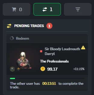 A pending CSGORoll trade showing an item at 99.17 coins with a +12.21% badge and a countdown