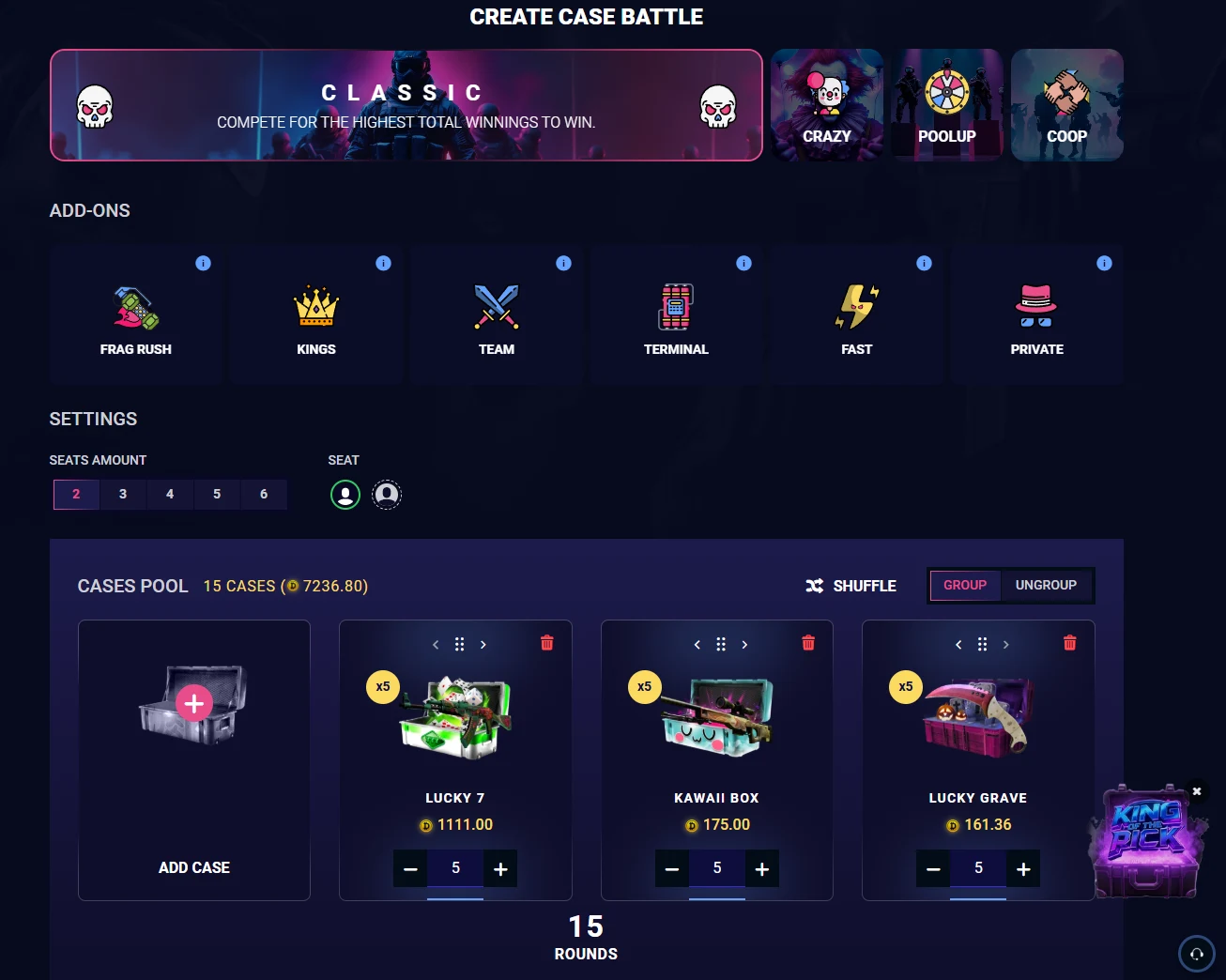 DaddySkins create case battle screen showing Classic, Crazy, Poolup and Coop formats, six add-ons, a 2 to 6 seat selector, and a cases pool of 15 cases totalling 7236.80 coins across 15 rounds