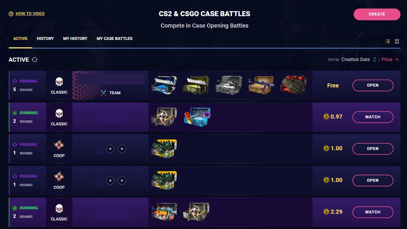 DaddySkins case battle lobby with Active, History, My History and My Case Battles tabs and rows showing round counts, Classic and Coop format badges, case pools and entry prices from Free to 2.29 coins