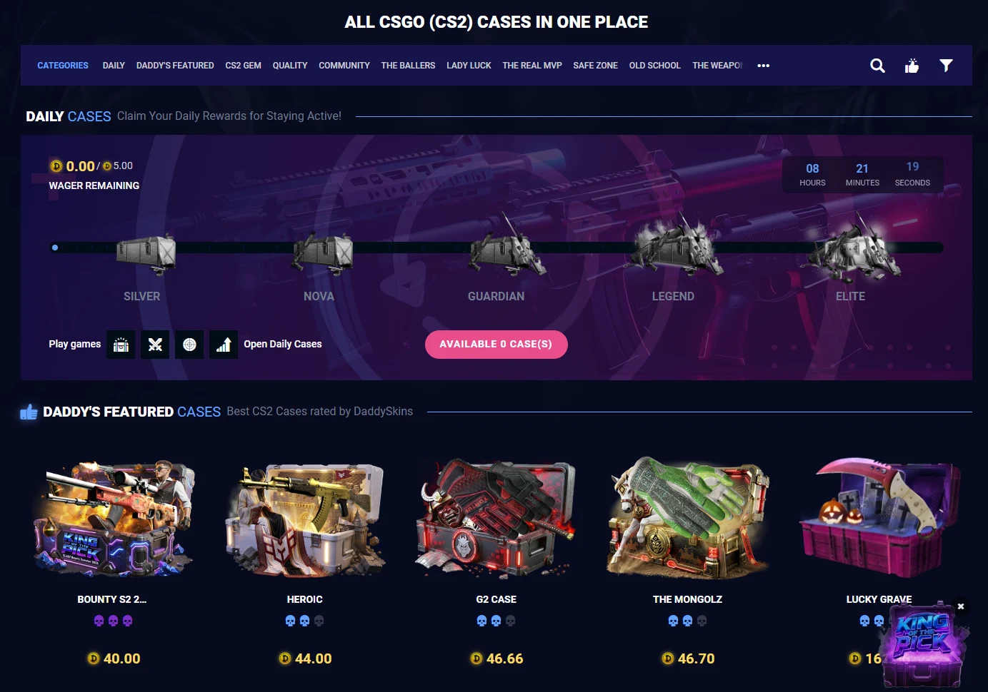 DaddySkins daily case ladder showing a wager meter at 0.00 of 5.00 before the first tier unlocks