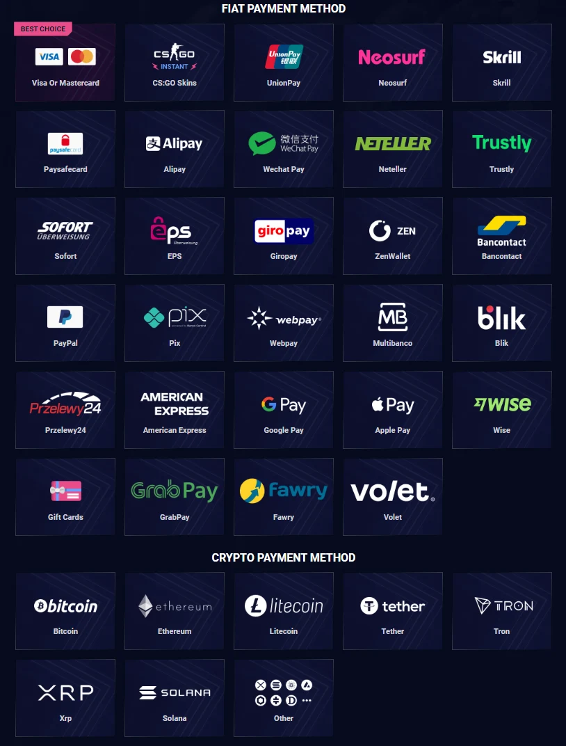 DaddySkins deposit page showing twenty-nine fiat payment tiles above eight crypto tiles
