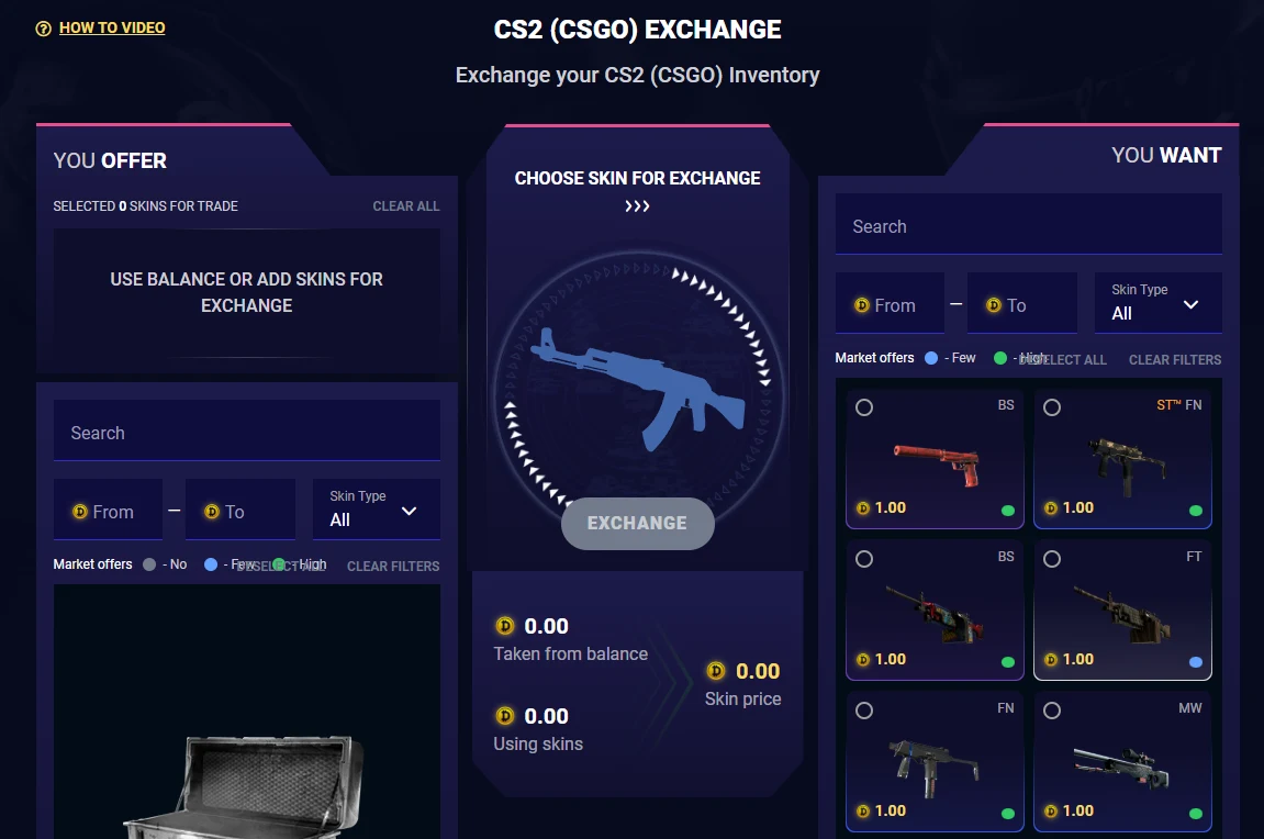 DaddySkins exchange page with You Offer on the left, You Want on the right showing skins with wear tags and market-offer availability dots, and a middle column printing amounts taken from balance and from skins
