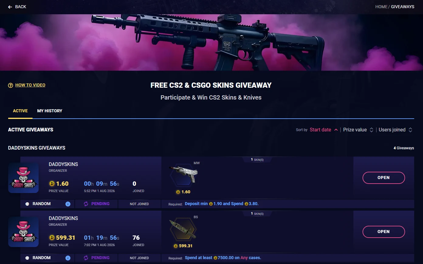 DaddySkins giveaway rows each printing a deposit or spend requirement in plain text