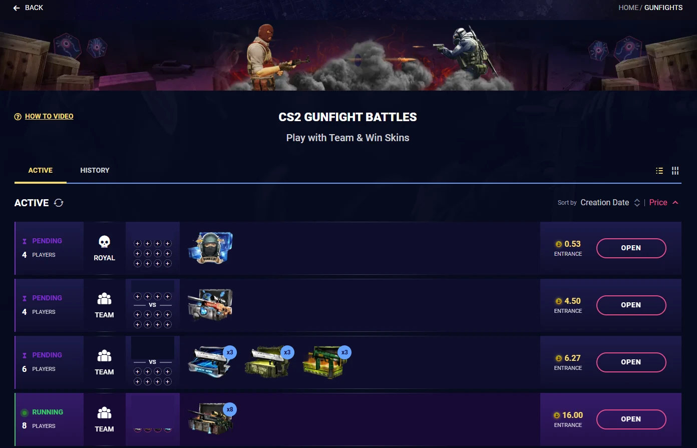 DaddySkins Gunfights lobby with Royal and Team rooms for four, six and eight players, empty seat grids split by a versus marker, case artwork as prizes, and entrance fees from 0.53 to 16.00 coins