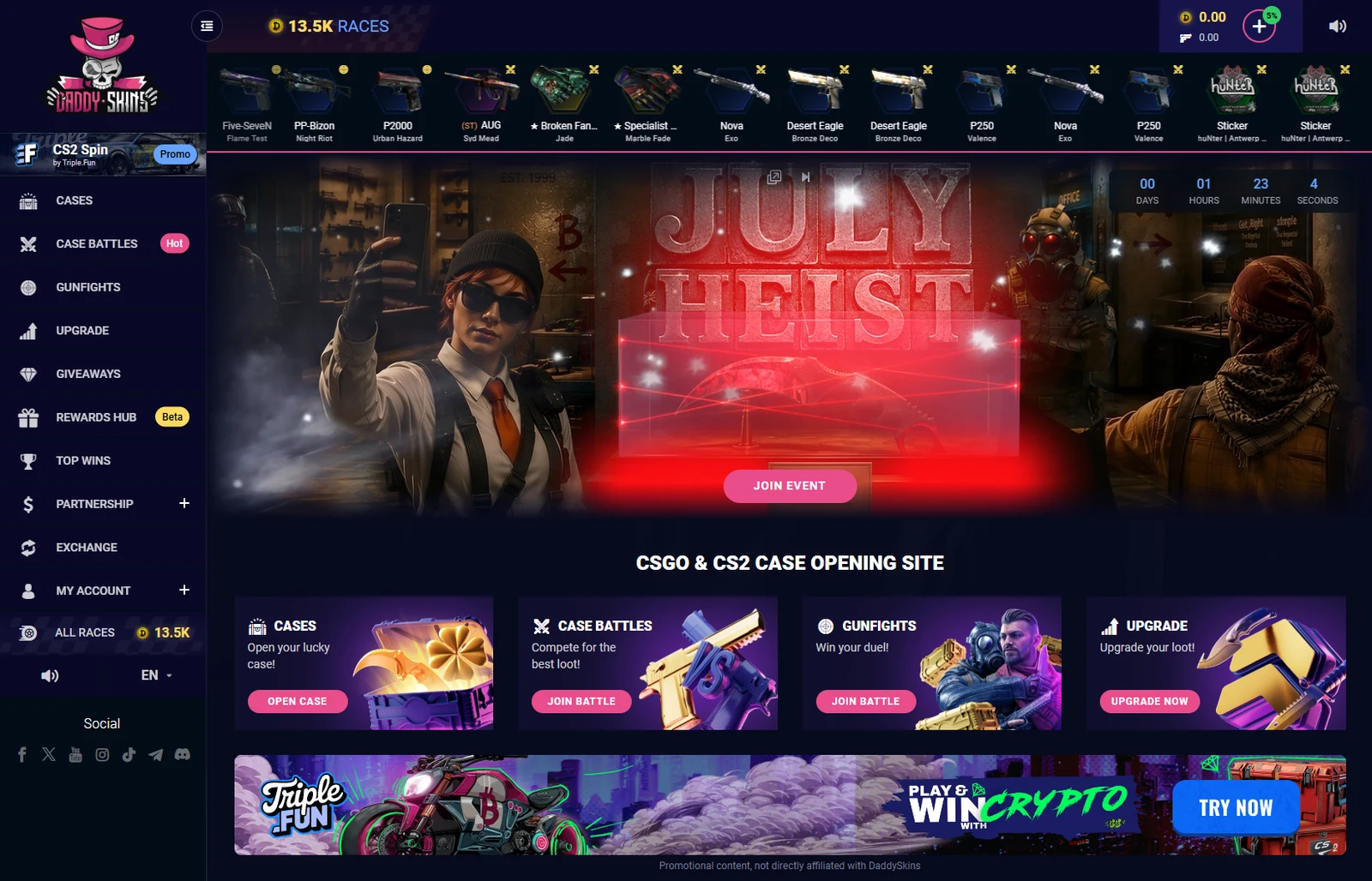 DaddySkins front page with a live drop ticker across the top, an event banner with a countdown, four mode tiles for Cases, Case Battles, Gunfights and Upgrade, and a left sidebar listing every section