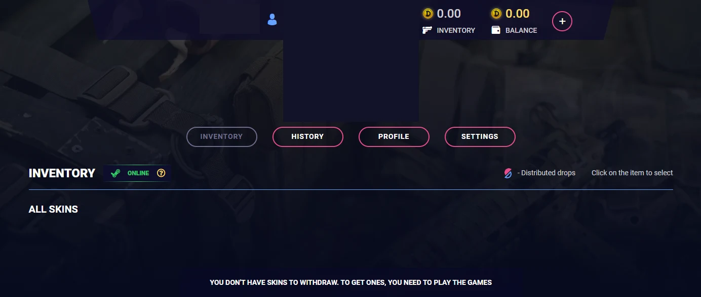DaddySkins account inventory tab showing separate Inventory and Balance figures in the header, an Online Steam status badge, and a message that there are no skins to withdraw until you play the games