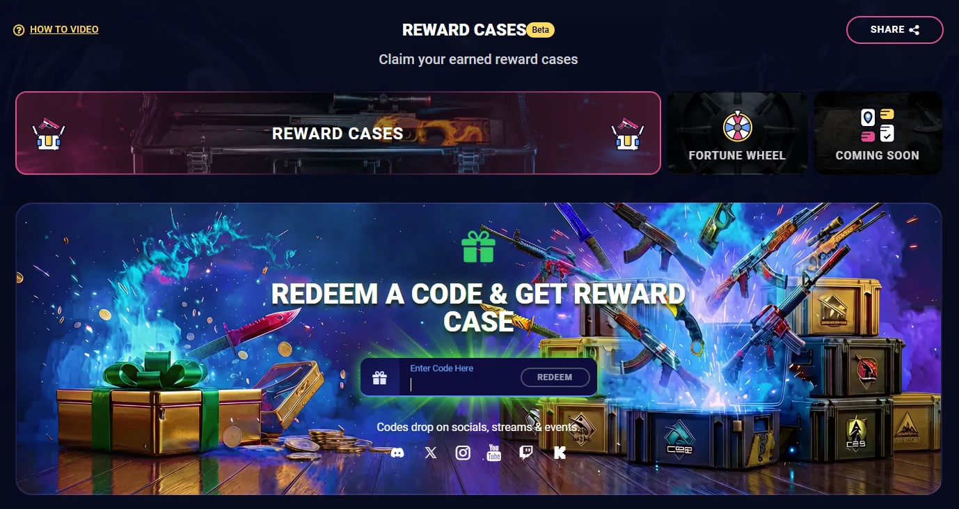 DaddySkins Rewards Hub in beta showing Reward Cases, Fortune Wheel and a Coming Soon panel above a redemption area with an input field, a Redeem button and links to Discord, X, Instagram, YouTube, Twitch and Kick