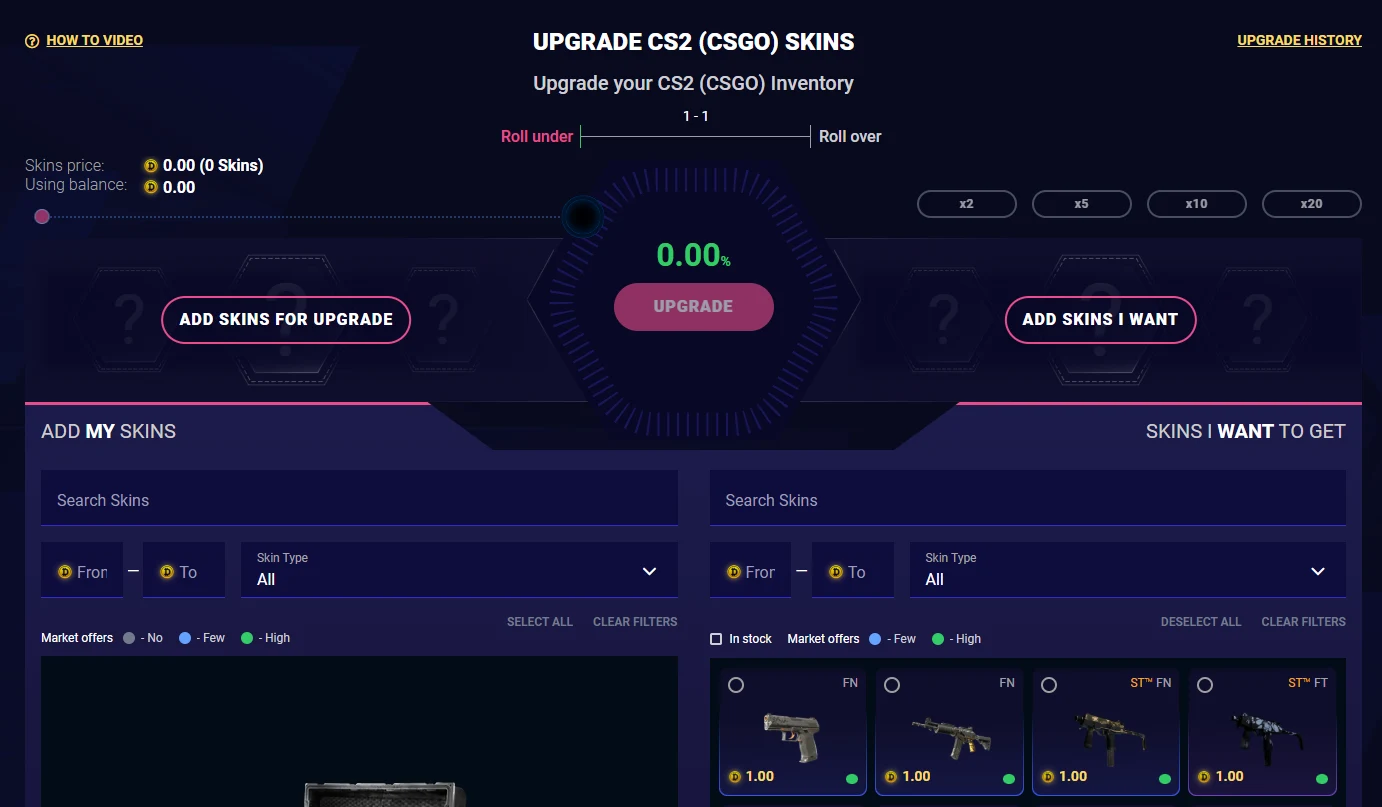 DaddySkins upgrader with a central percentage dial, a Roll under and Roll over toggle, x2 x5 x10 and x20 multiplier buttons, and panels for adding your own skins and choosing target skins