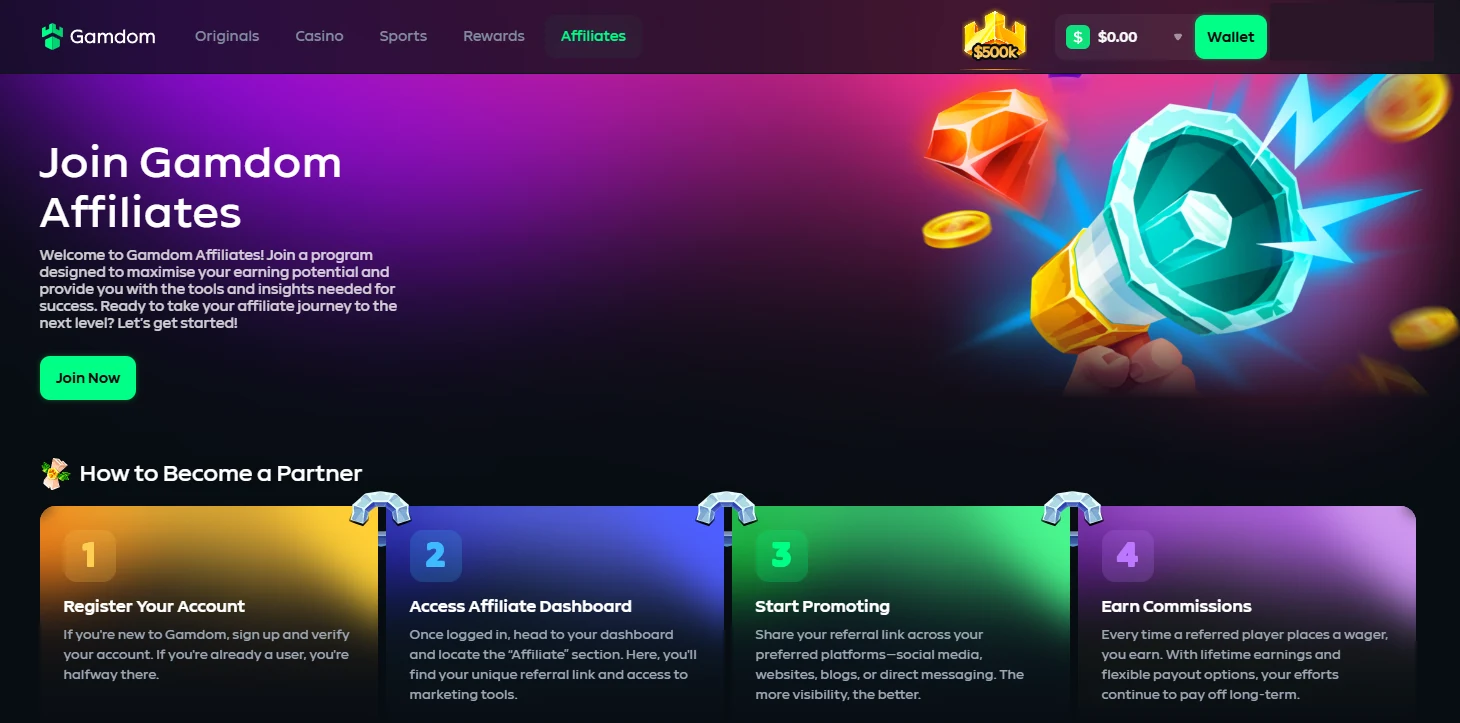 Gamdom Affiliates landing page with a Join Now button and a four-step explainer covering registration, the affiliate dashboard, promoting a referral link and earning commissions