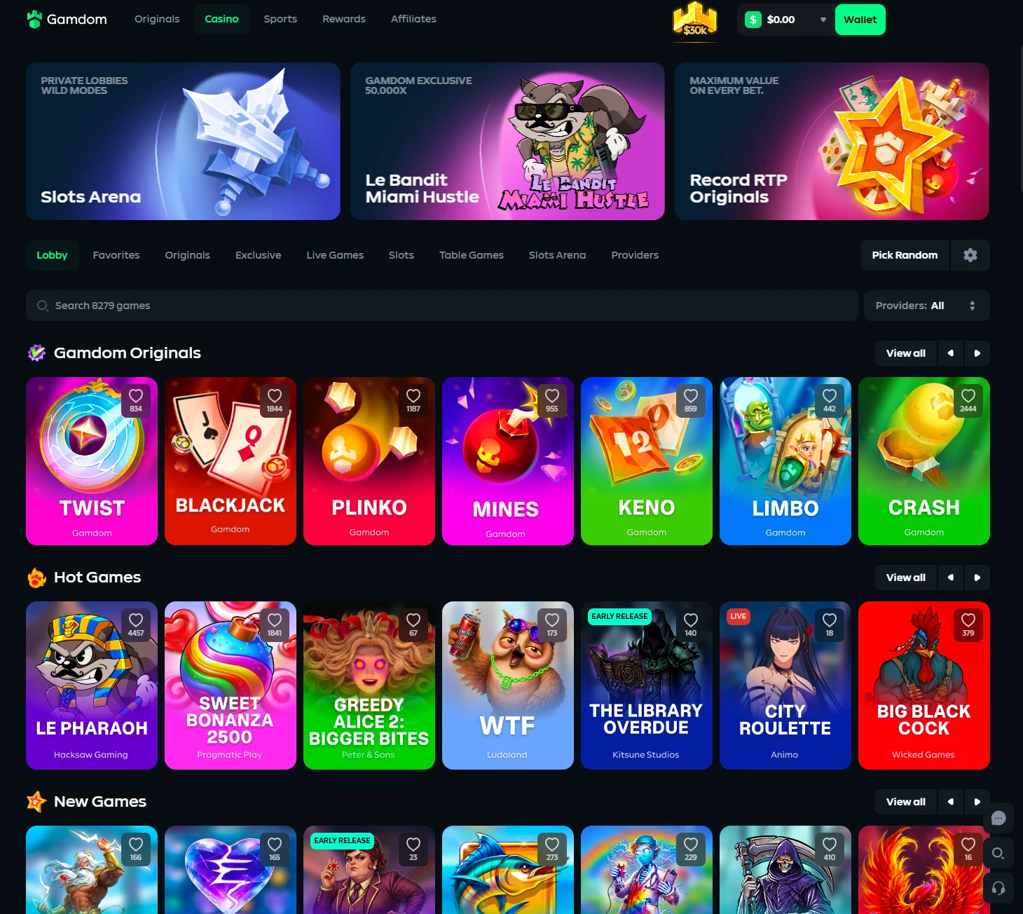 Gamdom casino lobby with the Originals row on top, then Hot Games and New Games shelves showing provider names, plus a Providers filter set to All
