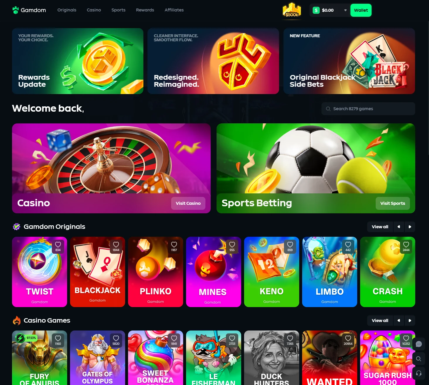 Gamdom logged-in home page with Casino and Sports Betting tiles, a Gamdom Originals row and a Casino Games row below
