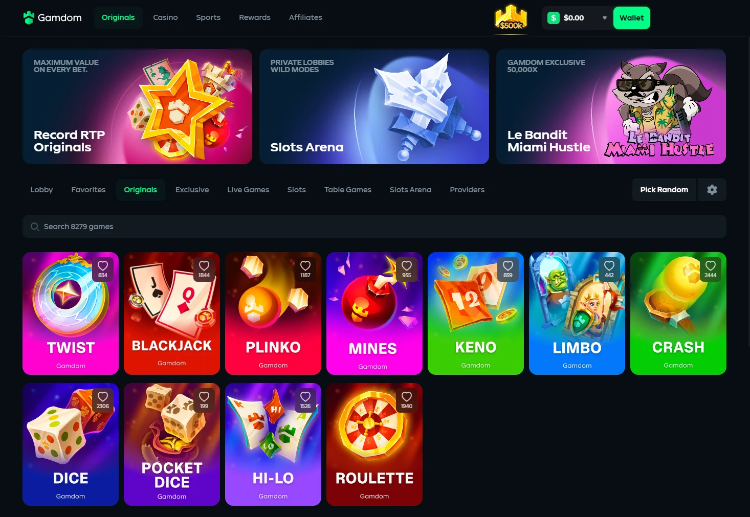Gamdom Originals tab showing 11 in-house games — Twist, Blackjack, Plinko, Mines, Keno, Limbo, Crash, Dice, Pocket Dice, Hi-Lo and Roulette — above a category filter row