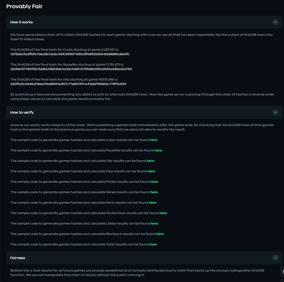 Gamdom provably fair page describing a ten million SHA256 hash chain with published endpoint hashes
